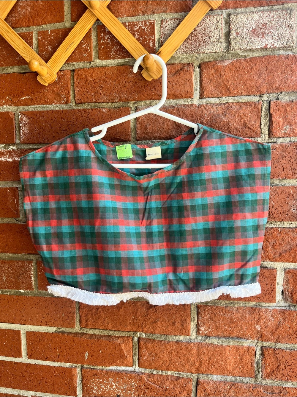 Deadstock vintage kids plaid cropped tank top with fringe.